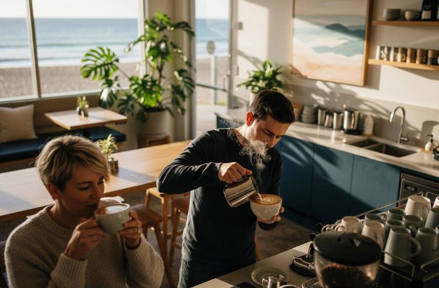 A high-angle, cinematic shot of a vibrant cafe interior in Edithvale, showcasing a barista expertly crafting a coffee with steam rising, a blurred customer enjoying the ambiance in the foreground, and the cafe's unique decor. The warm morning light streams through large windows overlooking the beach, highlighting the inviting atmosphere. The overall mood is bustling and authentic, capturing the essence of 'Edithvale small business photography to boost local brand'.