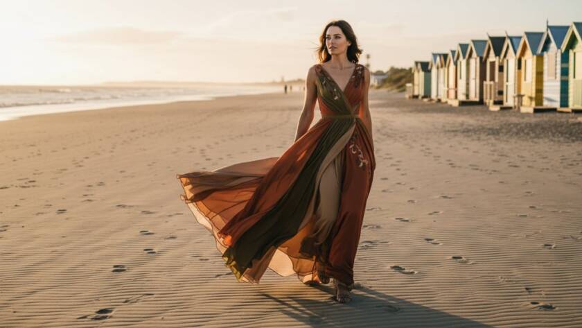 An elegant model captured in an epic Edithvale Victoria editorial fashion photography shoot, standing dramatically on the sandy beach with the iconic colourful bathing boxes in the background during a golden hour sunset, professionally lit and colour-graded.
