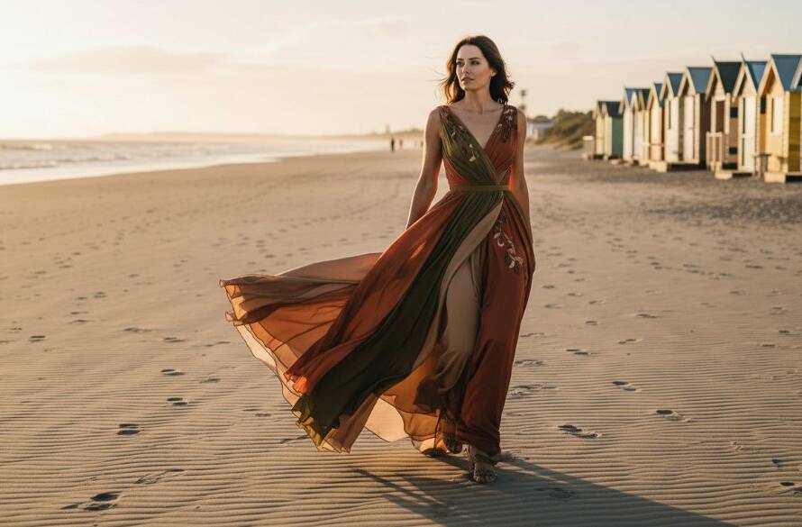 An elegant model captured in an epic Edithvale Victoria editorial fashion photography shoot, standing dramatically on the sandy beach with the iconic colourful bathing boxes in the background during a golden hour sunset, professionally lit and colour-graded.