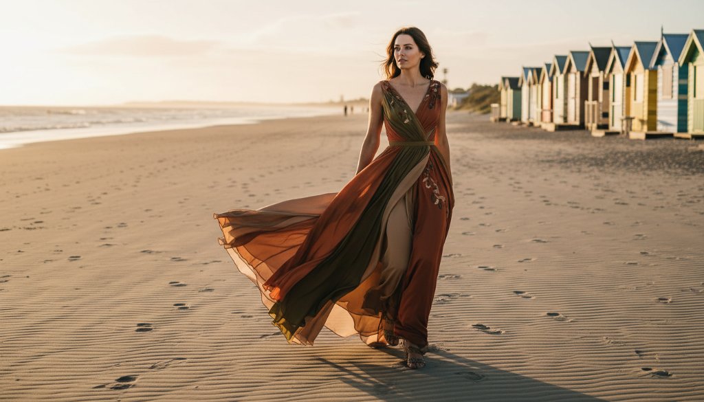 An elegant model captured in an epic Edithvale Victoria editorial fashion photography shoot, standing dramatically on the sandy beach with the iconic colourful bathing boxes in the background during a golden hour sunset, professionally lit and colour-graded.