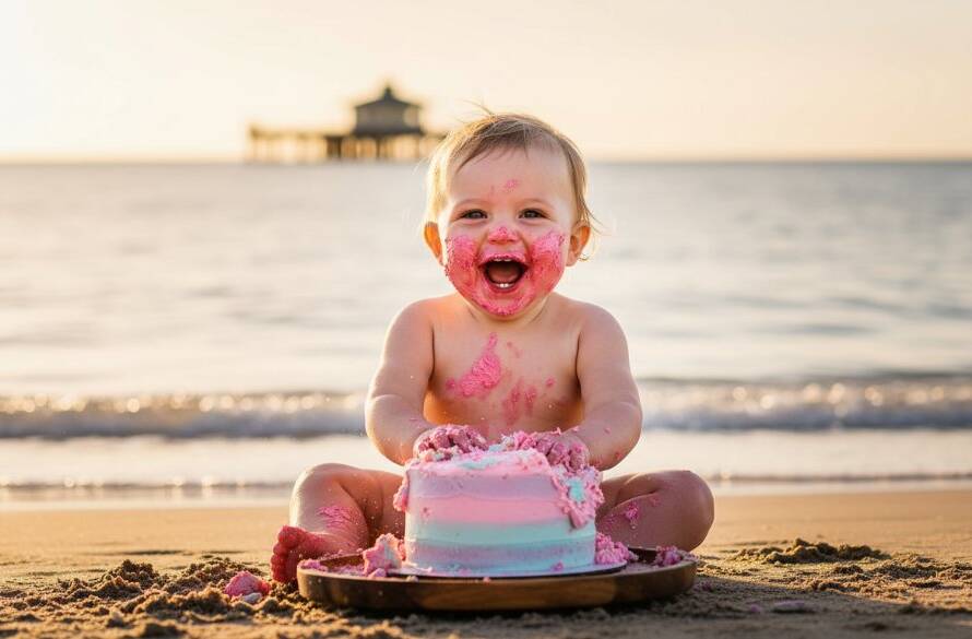 A joyous moment captured during an edithvale victoria first birthday cake smash photography session, featuring a baby gleefully smashing a colourful cake, covered in frosting, with dramatic backlighting and confetti in the air, against a soft-focus beach background, evoking pure, uninhibited joy and celebration.