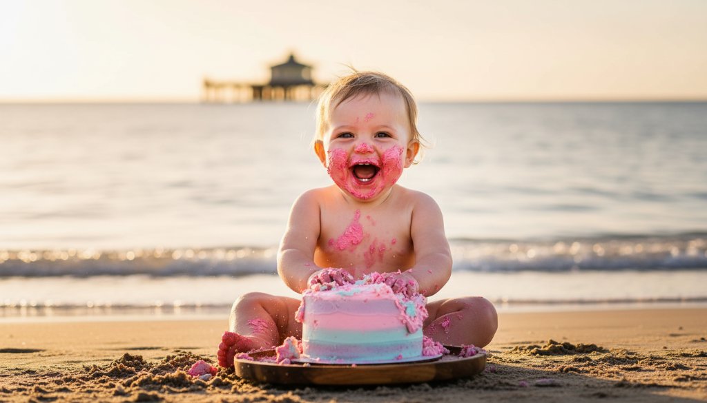 A joyous moment captured during an edithvale victoria first birthday cake smash photography session, featuring a baby gleefully smashing a colourful cake, covered in frosting, with dramatic backlighting and confetti in the air, against a soft-focus beach background, evoking pure, uninhibited joy and celebration.