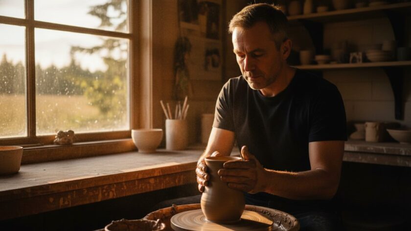 An epic moment captured in Canadian, Victoria: a local artisan passionately at work in their studio, bathed in golden hour light, telling a compelling visual story through editorial photography Canadian Victoria capturing local stories.