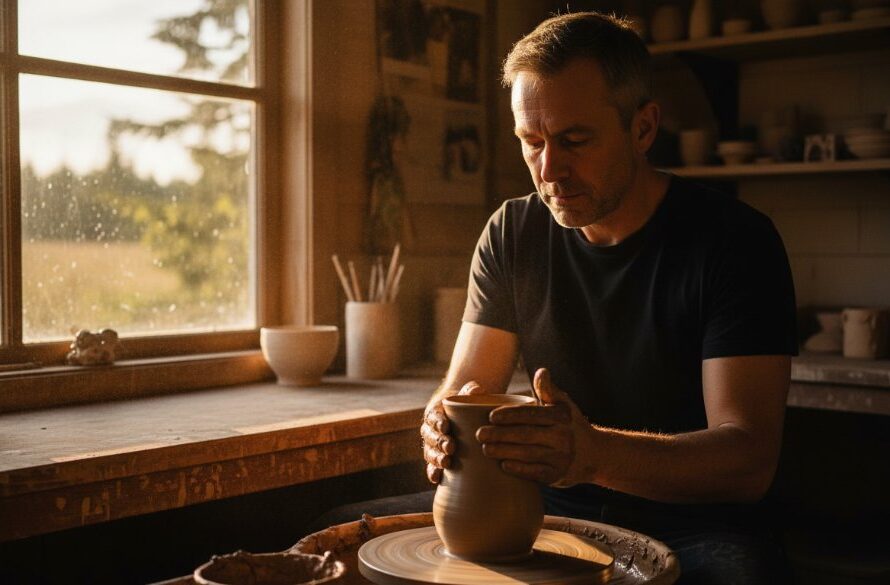 An epic moment captured in Canadian, Victoria: a local artisan passionately at work in their studio, bathed in golden hour light, telling a compelling visual story through editorial photography Canadian Victoria capturing local stories.