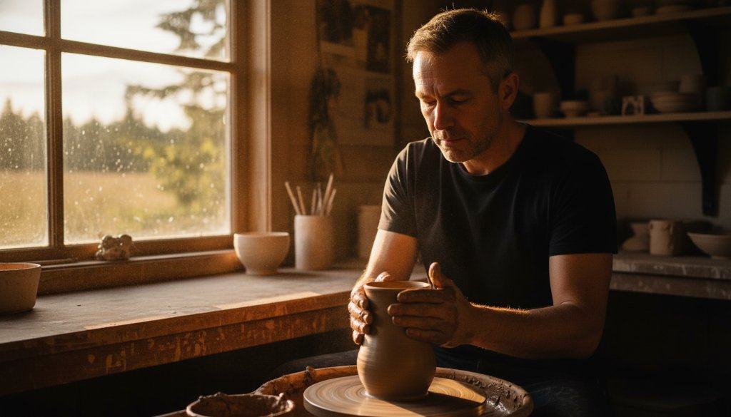 An epic moment captured in Canadian, Victoria: a local artisan passionately at work in their studio, bathed in golden hour light, telling a compelling visual story through editorial photography Canadian Victoria capturing local stories.