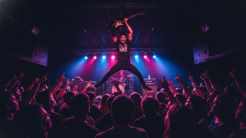 A dynamic, wide-angle shot of a guitarist mid-jump on stage, bathed in vibrant red and blue stage lights, capturing the electrifying live music photography Hamlyn Heights Victoria vibe. Audience hands are visible in the foreground, blurred with motion, adding to the high-energy concert atmosphere.
