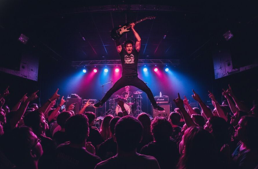A dynamic, wide-angle shot of a guitarist mid-jump on stage, bathed in vibrant red and blue stage lights, capturing the electrifying live music photography Hamlyn Heights Victoria vibe. Audience hands are visible in the foreground, blurred with motion, adding to the high-energy concert atmosphere.