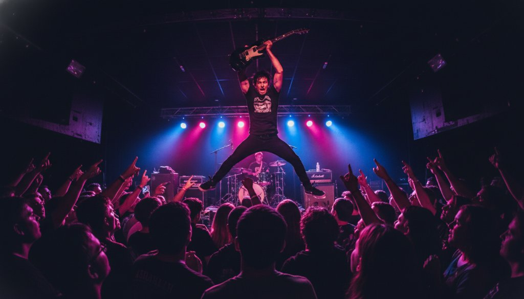 A dynamic, wide-angle shot of a guitarist mid-jump on stage, bathed in vibrant red and blue stage lights, capturing the electrifying live music photography Hamlyn Heights Victoria vibe. Audience hands are visible in the foreground, blurred with motion, adding to the high-energy concert atmosphere.