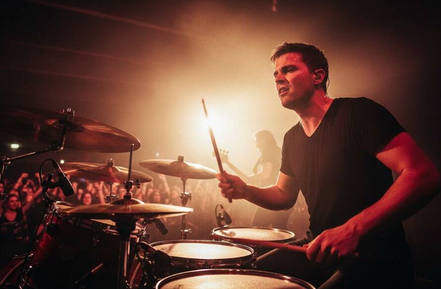 Dynamic wide-angle shot capturing electrifying Noble Park concert photography moments of a lead guitarist mid-solo on stage, bathed in vibrant blue and purple stage lights, with a cheering crowd silhouetted in the foreground, showcasing intense energy and a professional aesthetic.