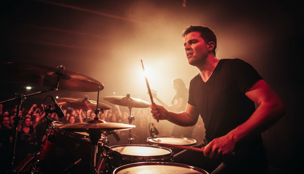 Dynamic wide-angle shot capturing electrifying Noble Park concert photography moments of a lead guitarist mid-solo on stage, bathed in vibrant blue and purple stage lights, with a cheering crowd silhouetted in the foreground, showcasing intense energy and a professional aesthetic.