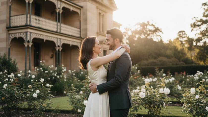 A breathtaking panoramic shot capturing an engaged couple in an intimate embrace amidst the elegant, manicured gardens of an Armadale estate, with the soft, golden hour light backlighting them, symbolizing their Elegant Armadale Pre-Wedding Photoshoots Victoria.