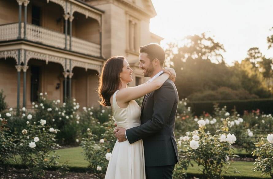 A breathtaking panoramic shot capturing an engaged couple in an intimate embrace amidst the elegant, manicured gardens of an Armadale estate, with the soft, golden hour light backlighting them, symbolizing their Elegant Armadale Pre-Wedding Photoshoots Victoria.