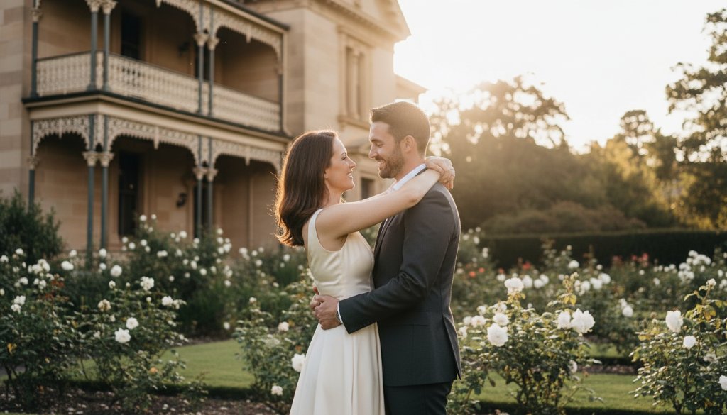 A breathtaking panoramic shot capturing an engaged couple in an intimate embrace amidst the elegant, manicured gardens of an Armadale estate, with the soft, golden hour light backlighting them, symbolizing their Elegant Armadale Pre-Wedding Photoshoots Victoria.