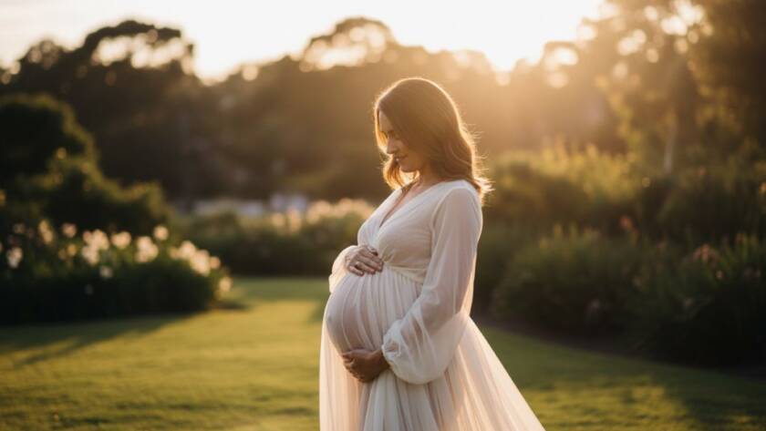 A glowing expectant mother in a flowing gown, captured during an elegant Balwyn maternity photography experience at sunset in a scenic park, dramatic golden hour light, cinematic style.