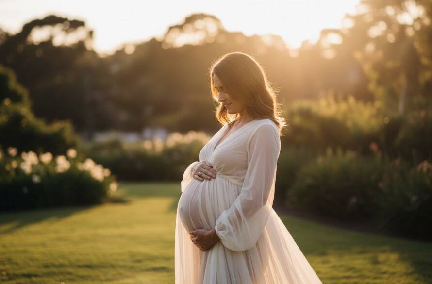 A glowing expectant mother in a flowing gown, captured during an elegant Balwyn maternity photography experience at sunset in a scenic park, dramatic golden hour light, cinematic style.