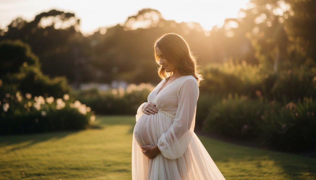 A glowing expectant mother in a flowing gown, captured during an elegant Balwyn maternity photography experience at sunset in a scenic park, dramatic golden hour light, cinematic style.