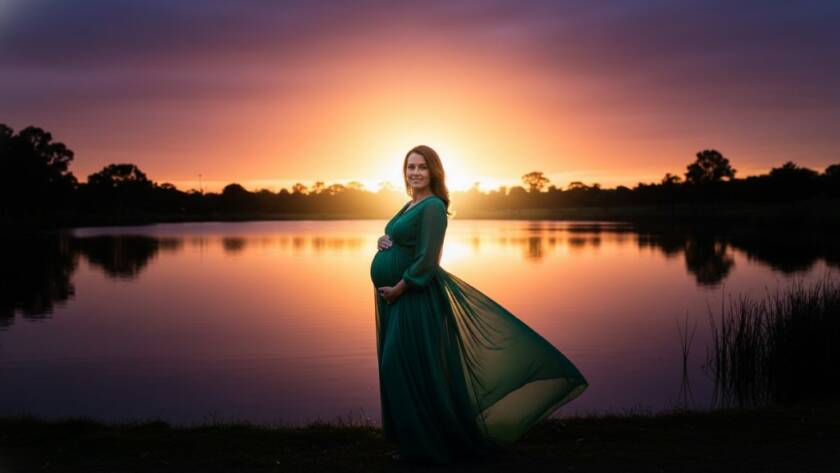 A breathtaking, professionally colour-graded photograph capturing an elegant Bentleigh maternity photography experience, featuring a pregnant woman in a flowing gown silhouetted against a golden Bentleigh sunset, standing gracefully by a serene park lake, radiating joy and anticipation, with dramatic, warm lighting highlighting her profile.