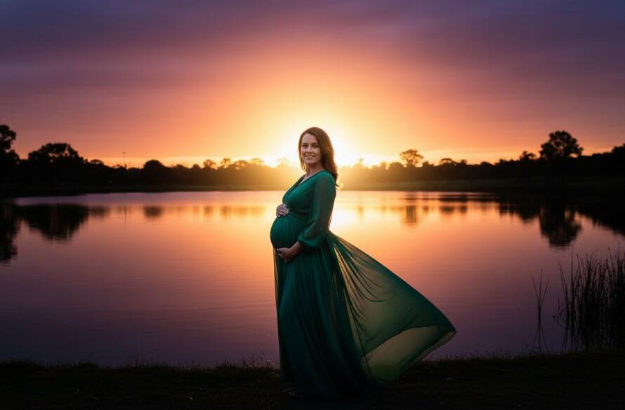 A breathtaking, professionally colour-graded photograph capturing an elegant Bentleigh maternity photography experience, featuring a pregnant woman in a flowing gown silhouetted against a golden Bentleigh sunset, standing gracefully by a serene park lake, radiating joy and anticipation, with dramatic, warm lighting highlighting her profile.