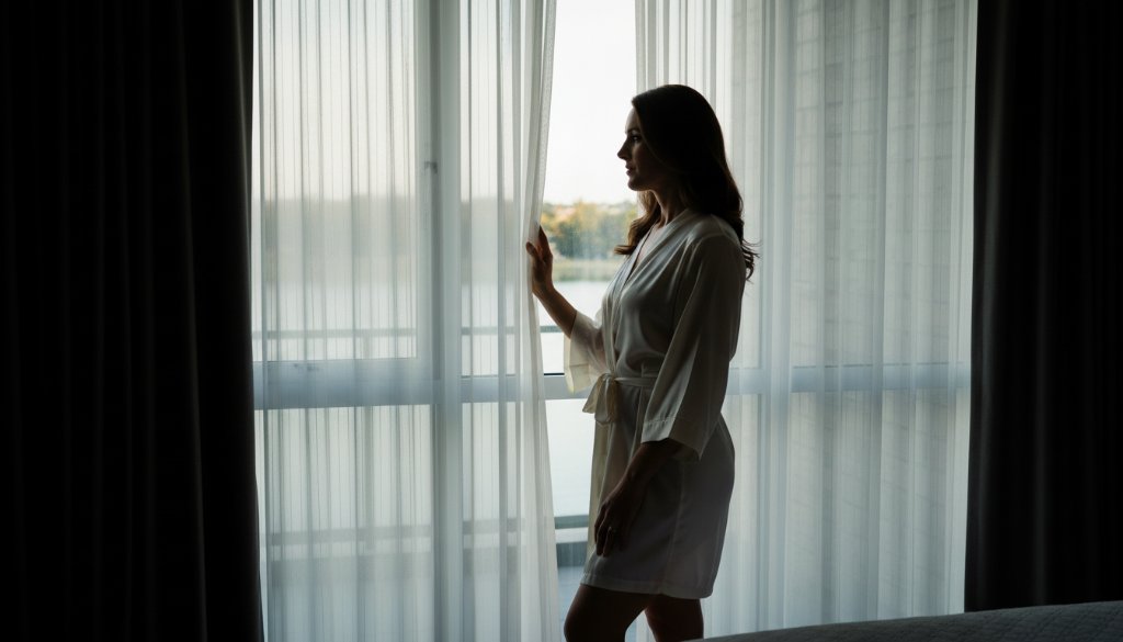 A stunning black and white portrait capturing an intimate, powerful moment of a woman during an elegant boudoir photography Sanctuary Lakes empowering women session, with dramatic light streaming through a window.