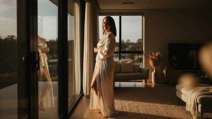 A stunning, dramatically lit photograph capturing an elegant boudoir photography Skye Victoria session, featuring a woman draped in silk, gazing out a window with soft morning light illuminating her silhouette, exuding confidence and grace.