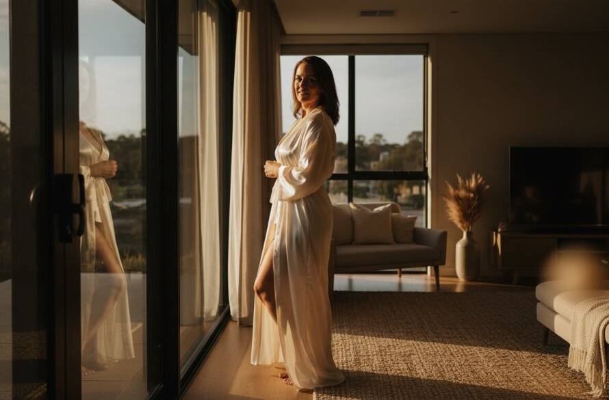 A stunning, dramatically lit photograph capturing an elegant boudoir photography Skye Victoria session, featuring a woman draped in silk, gazing out a window with soft morning light illuminating her silhouette, exuding confidence and grace.