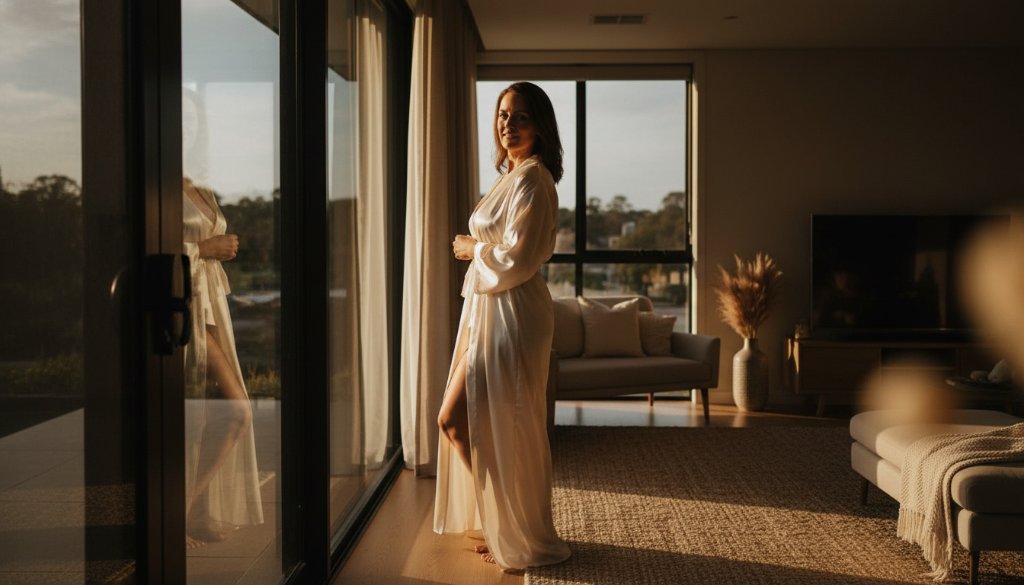 A stunning, dramatically lit photograph capturing an elegant boudoir photography Skye Victoria session, featuring a woman draped in silk, gazing out a window with soft morning light illuminating her silhouette, exuding confidence and grace.