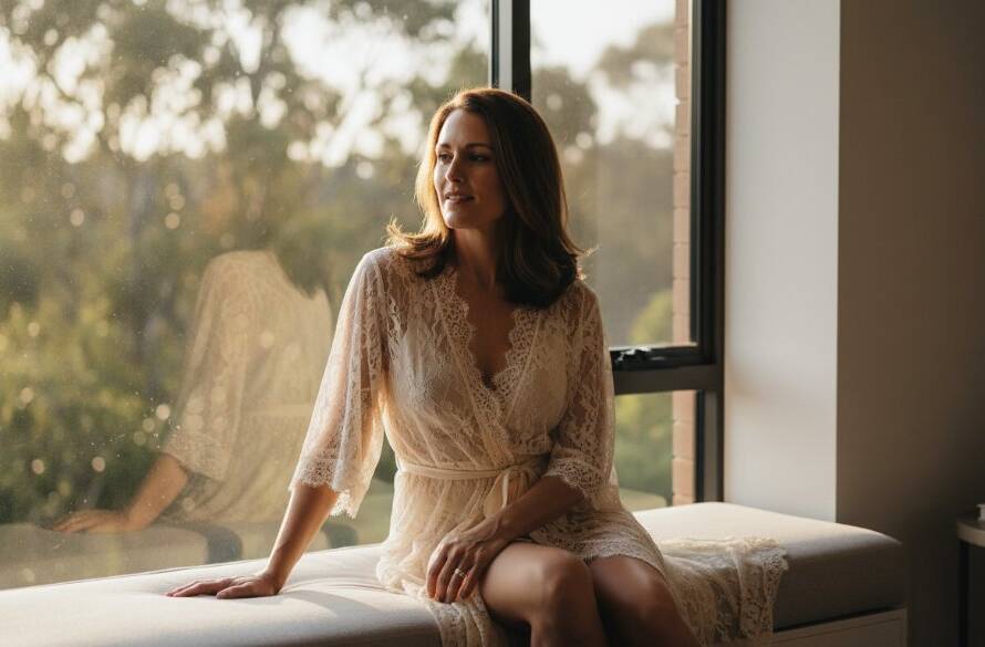 A stunning, soft-focus portrait showcasing elegant boudoir photography Templestowe Lower Victoria, featuring a woman softly illuminated by golden hour light through a window, exuding confidence and serenity in an intimate setting.