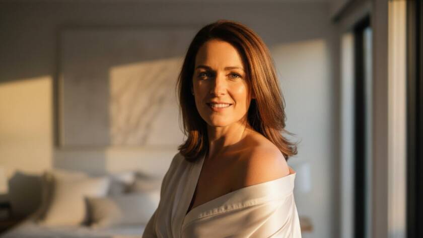 A stunning, dramatically lit portrait from an elegant Burnside boudoir photography Victoria session, featuring a woman in a flowing silk robe, confidently gazing out of a sun-drenched window, capturing an empowering and timeless moment.