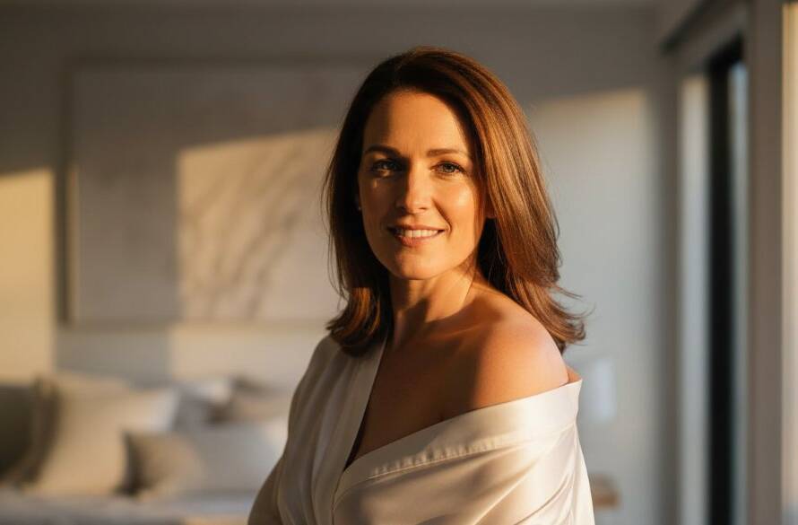 A stunning, dramatically lit portrait from an elegant Burnside boudoir photography Victoria session, featuring a woman in a flowing silk robe, confidently gazing out of a sun-drenched window, capturing an empowering and timeless moment.