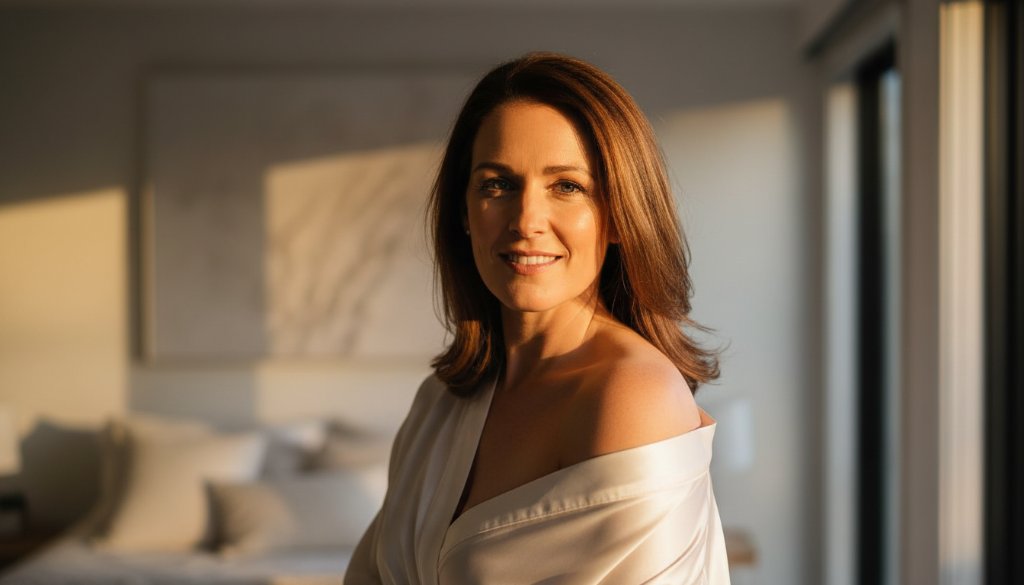 A stunning, dramatically lit portrait from an elegant Burnside boudoir photography Victoria session, featuring a woman in a flowing silk robe, confidently gazing out of a sun-drenched window, capturing an empowering and timeless moment.