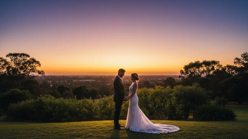 Elegant Burnside Heights wedding photography capturing timeless love in an epic moment, showcasing a newly married couple silhouetted against a dramatic sunset at a local park, professionally composed and colour graded.
