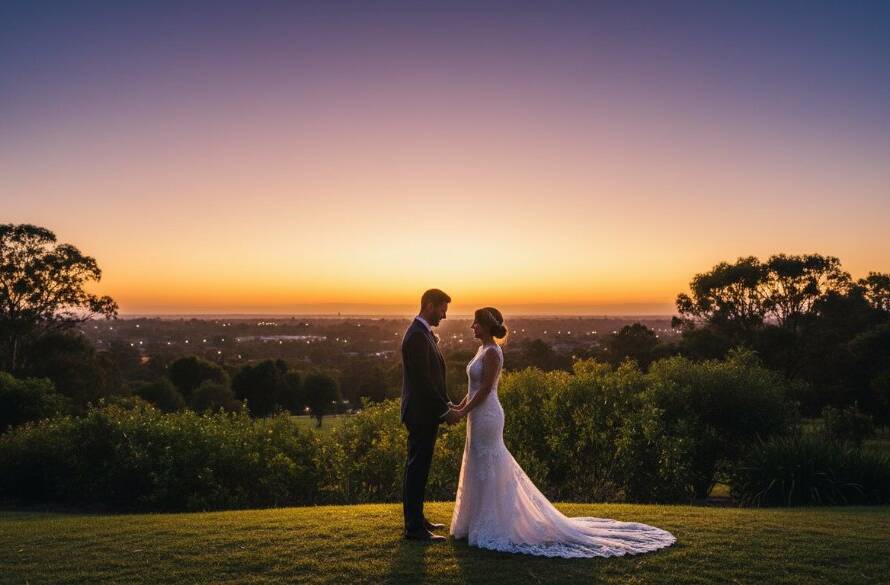 Elegant Burnside Heights wedding photography capturing timeless love in an epic moment, showcasing a newly married couple silhouetted against a dramatic sunset at a local park, professionally composed and colour graded.