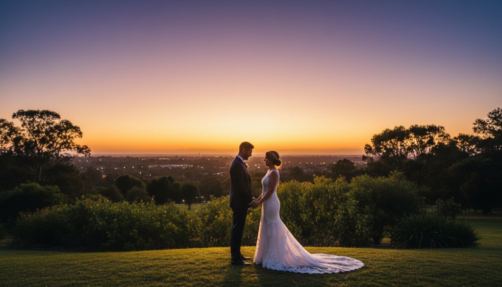 Elegant Burnside Heights wedding photography capturing timeless love in an epic moment, showcasing a newly married couple silhouetted against a dramatic sunset at a local park, professionally composed and colour graded.