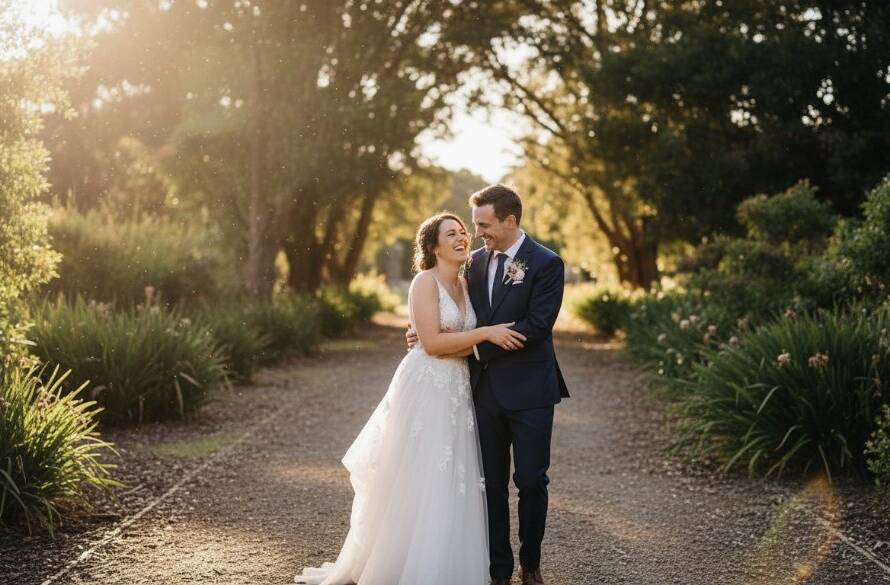 An epic moment captured in elegant candid wedding photography Noble Park North, featuring a newly married couple embracing joyfully under a canopy of grand trees at sunset, with golden hour light creating a warm, ethereal glow around them.