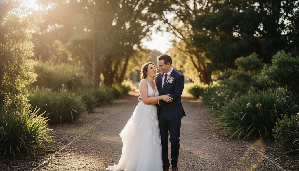 An epic moment captured in elegant candid wedding photography Noble Park North, featuring a newly married couple embracing joyfully under a canopy of grand trees at sunset, with golden hour light creating a warm, ethereal glow around them.