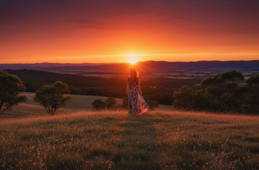 A dramatic and elegant Croydon North fine art portraiture Victoria scene featuring a person silhouetted against a golden sunset over the Dandenong Ranges, evoking profound emotion and timeless beauty.