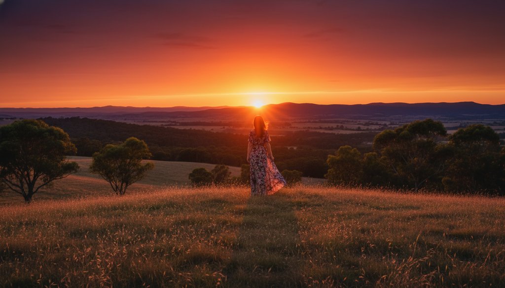 A dramatic and elegant Croydon North fine art portraiture Victoria scene featuring a person silhouetted against a golden sunset over the Dandenong Ranges, evoking profound emotion and timeless beauty.