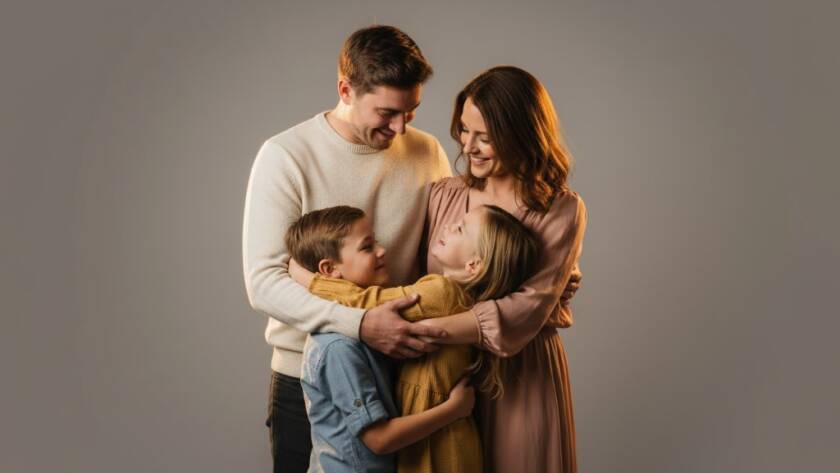 A heartwarming, professional studio photograph capturing an elegant family portrait in Malvern, featuring parents tenderly embracing their two laughing children, bathed in soft, dramatic light, symbolizing the joyful and timeless memories created through Malvern studio photography.