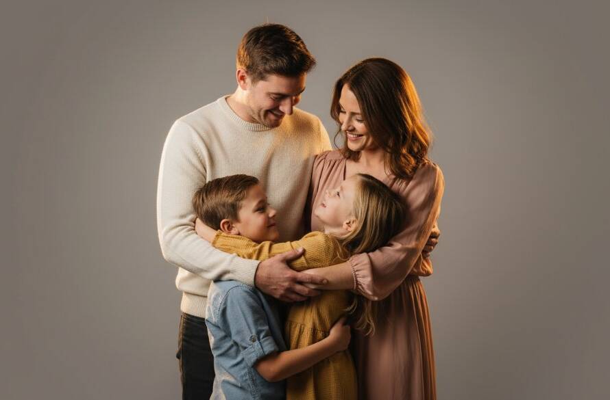 A heartwarming, professional studio photograph capturing an elegant family portrait in Malvern, featuring parents tenderly embracing their two laughing children, bathed in soft, dramatic light, symbolizing the joyful and timeless memories created through Malvern studio photography.