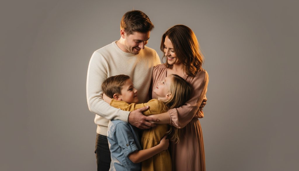 A heartwarming, professional studio photograph capturing an elegant family portrait in Malvern, featuring parents tenderly embracing their two laughing children, bathed in soft, dramatic light, symbolizing the joyful and timeless memories created through Malvern studio photography.