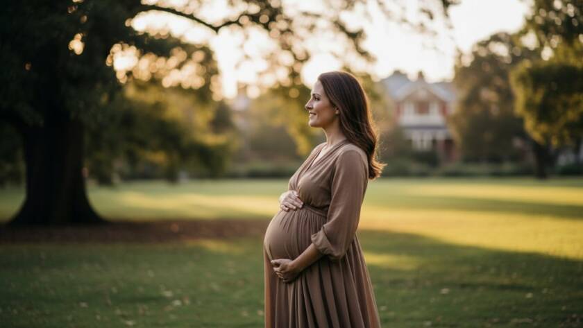 An elegant Glen Iris maternity photoshoot featuring a glowing expectant mother at sunset, her silhouette against a soft, golden sky, with dramatic lighting and professional colour grading.