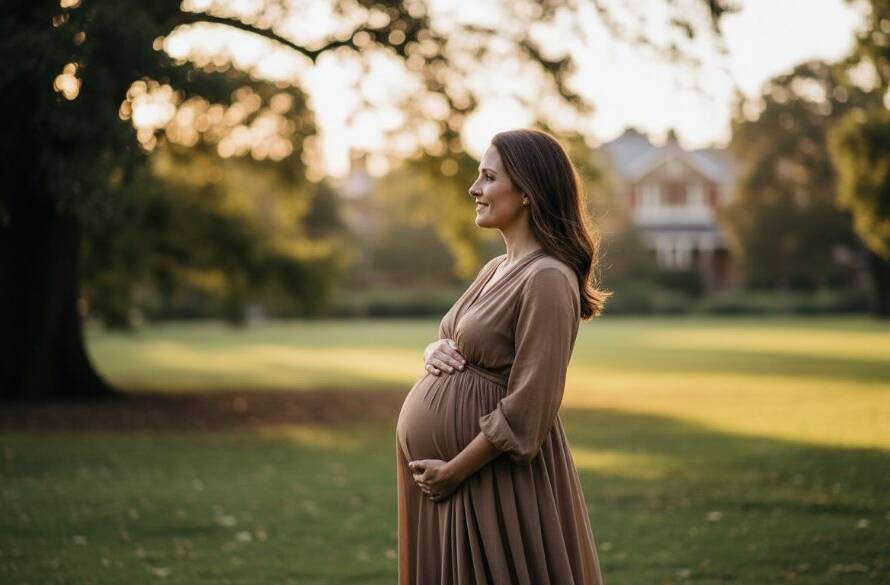 An elegant Glen Iris maternity photoshoot featuring a glowing expectant mother at sunset, her silhouette against a soft, golden sky, with dramatic lighting and professional colour grading.