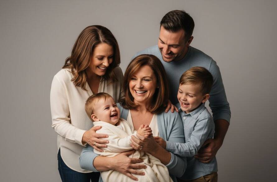 A heartwarming, elegant Kurunjang studio portrait of a laughing family embracing, captured with soft, professional lighting to create lasting family memories.