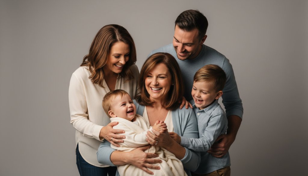 A heartwarming, elegant Kurunjang studio portrait of a laughing family embracing, captured with soft, professional lighting to create lasting family memories.