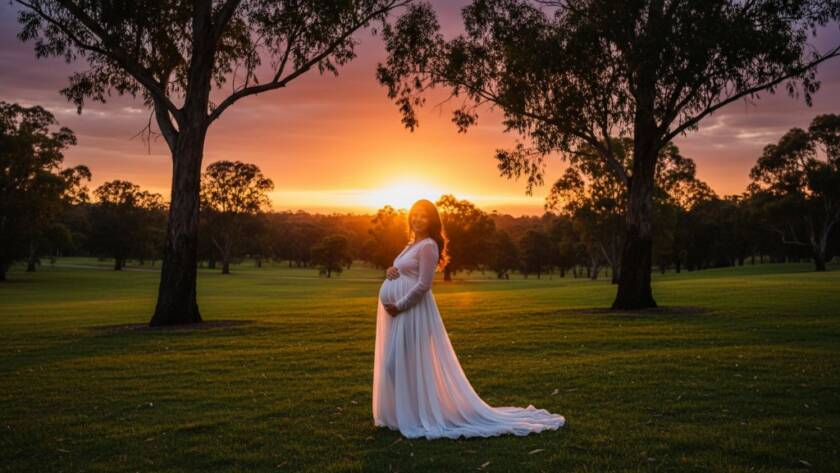 A heavily pregnant woman in a flowing white dress stands gracefully at sunset in a lush Templestowe Lower park, her belly illuminated by golden hour light, capturing elegant maternity photography in Templestowe Lower parks with an epic, ethereal quality.