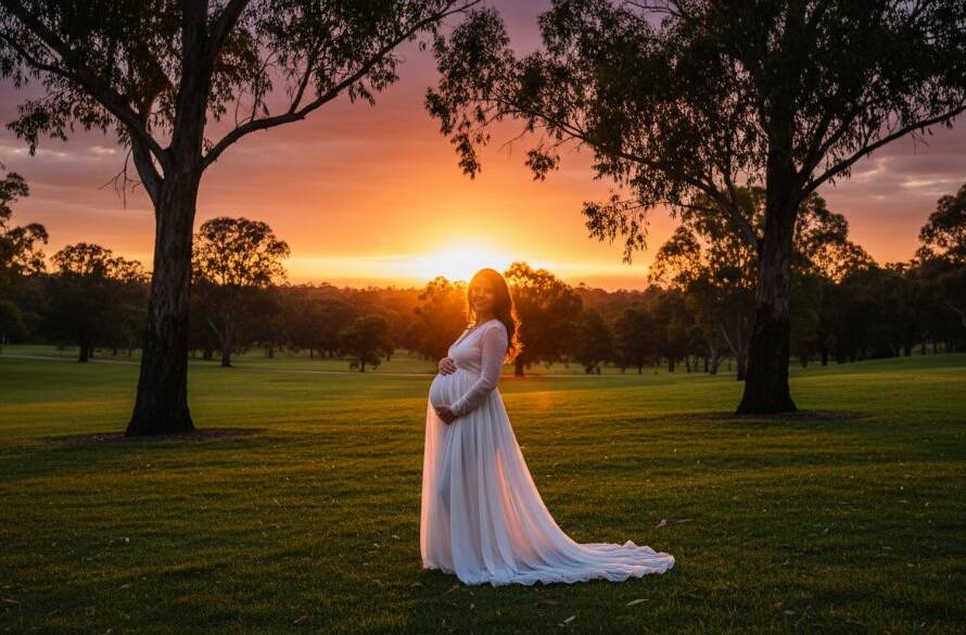 A heavily pregnant woman in a flowing white dress stands gracefully at sunset in a lush Templestowe Lower park, her belly illuminated by golden hour light, capturing elegant maternity photography in Templestowe Lower parks with an epic, ethereal quality.