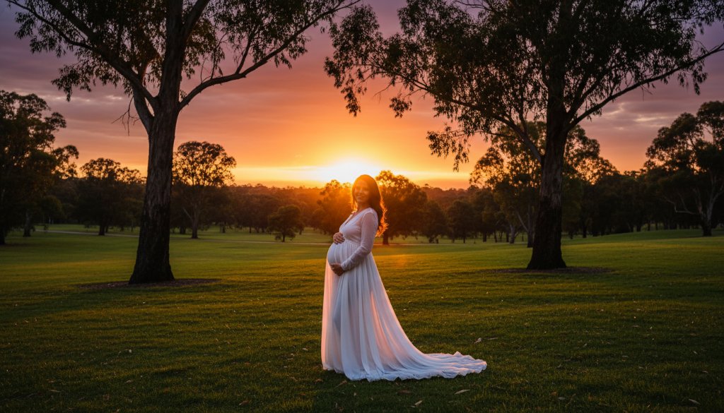 A heavily pregnant woman in a flowing white dress stands gracefully at sunset in a lush Templestowe Lower park, her belly illuminated by golden hour light, capturing elegant maternity photography in Templestowe Lower parks with an epic, ethereal quality.