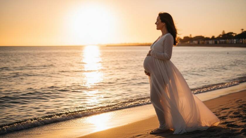 A breathtaking 'epic moment' photograph of an expectant mother during an elegant maternity photoshoot Brighton East Victoria, silhouetted against a golden sunset at Brighton Beach with her hands gently cradling her baby bump, professional lighting highlighting her serene profile.