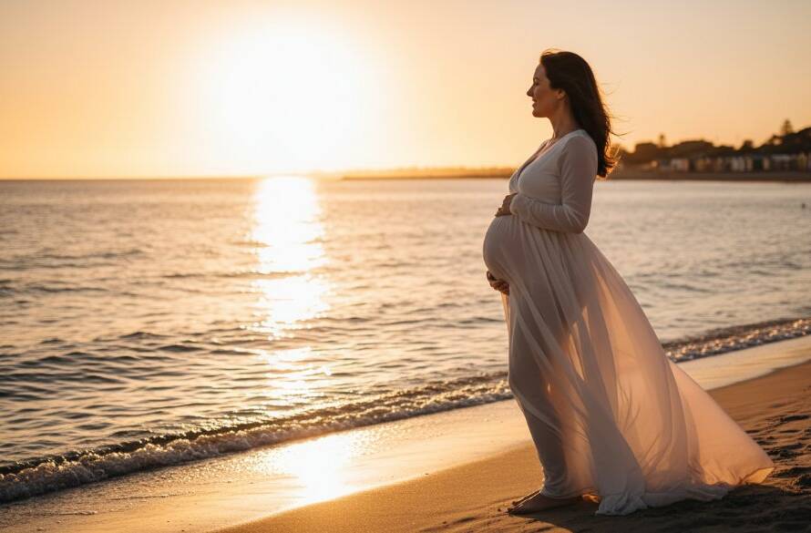 A breathtaking 'epic moment' photograph of an expectant mother during an elegant maternity photoshoot Brighton East Victoria, silhouetted against a golden sunset at Brighton Beach with her hands gently cradling her baby bump, professional lighting highlighting her serene profile.
