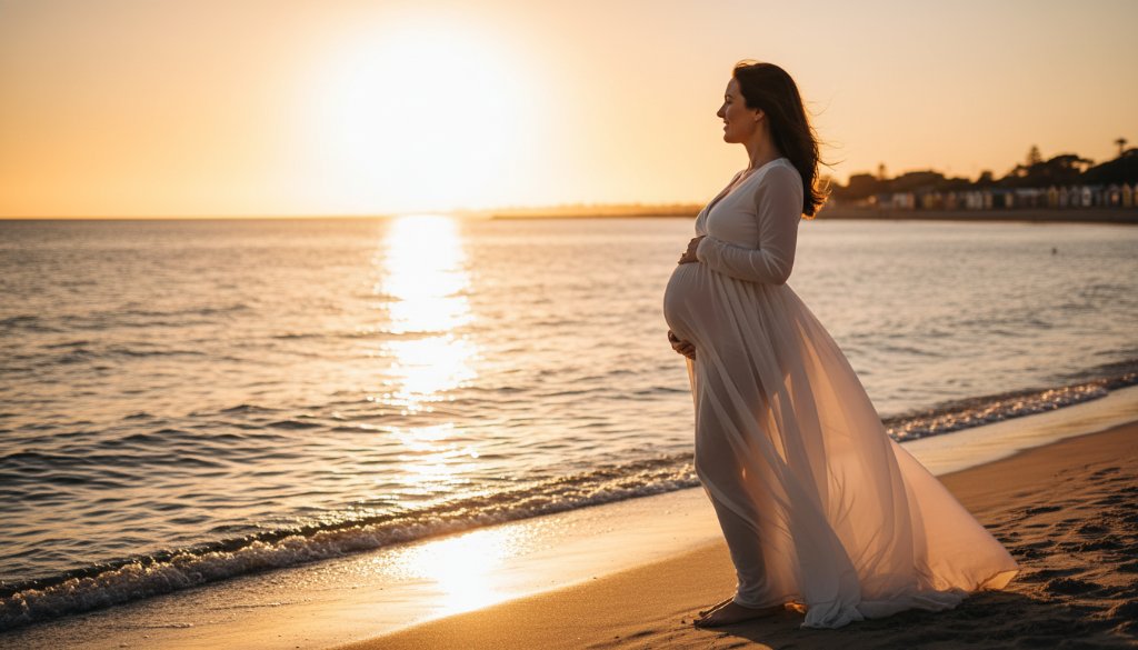 A breathtaking 'epic moment' photograph of an expectant mother during an elegant maternity photoshoot Brighton East Victoria, silhouetted against a golden sunset at Brighton Beach with her hands gently cradling her baby bump, professional lighting highlighting her serene profile.
